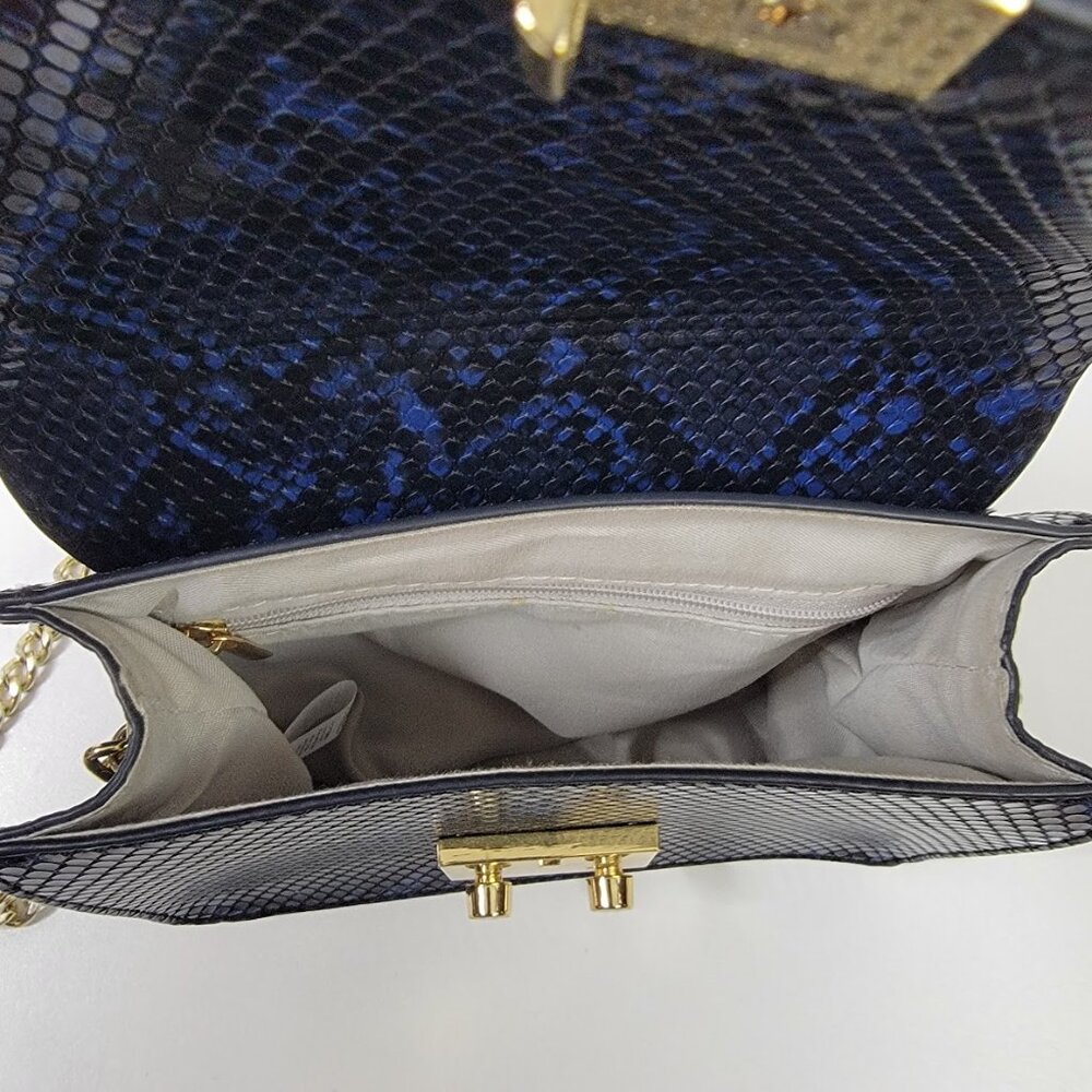 BCBG Faux Snakeskin Crossbody Bag – Blue & Black with Gold Chain - Picture 9 of 11